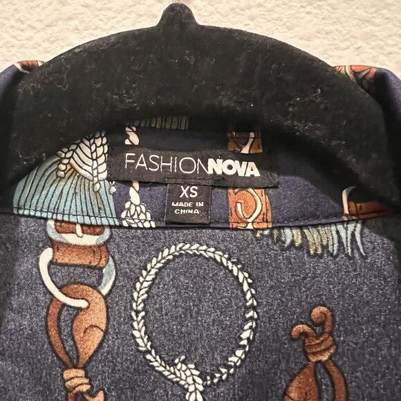 Fashion Nova The Entertainer Satin Jumpsuit Navy Sz XS Chain Tassel Print Rodeo - Picture 6 of 15